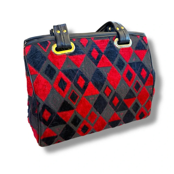 VINTAGE Carpet Style LargeHandbag Chenille Diamonds Blue Red Boho Chic